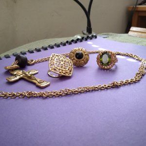 ROME Italy 20 inch chained catholic cross with emerald ring and two clip on pins